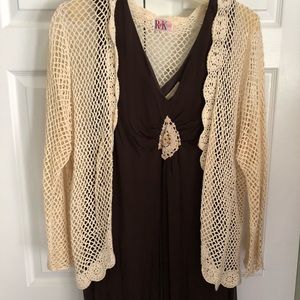 Brown chiffon dress with cream crochet sweater